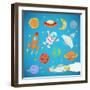 Set of Cartoon Cute Outer Space Astronaut, Planets, Rockets. Illustration-Natalia Pascari-Framed Art Print