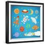 Set of Cartoon Cute Outer Space Astronaut, Planets, Rockets. Illustration-Natalia Pascari-Framed Art Print