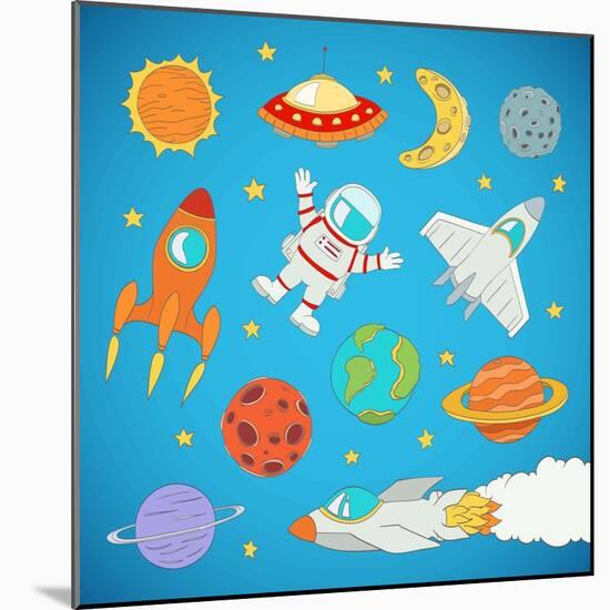 Set of Cartoon Cute Outer Space Astronaut, Planets, Rockets. Illustration-Natalia Pascari-Mounted Art Print