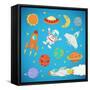 Set of Cartoon Cute Outer Space Astronaut, Planets, Rockets. Illustration-Natalia Pascari-Framed Stretched Canvas