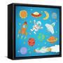 Set of Cartoon Cute Outer Space Astronaut, Planets, Rockets. Illustration-Natalia Pascari-Framed Stretched Canvas