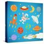 Set of Cartoon Cute Outer Space Astronaut, Planets, Rockets. Illustration-Natalia Pascari-Stretched Canvas
