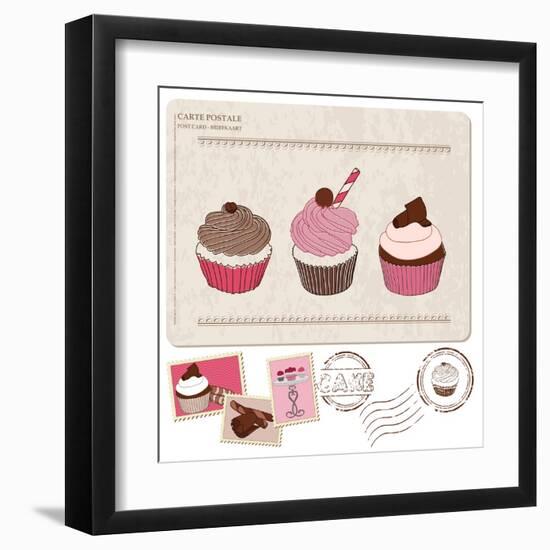 Set Of Cupcakes On Old Postcard-woodhouse-Framed Art Print