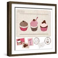 Set Of Cupcakes On Old Postcard-woodhouse-Framed Art Print