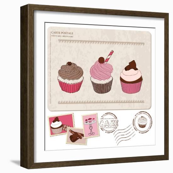 Set Of Cupcakes On Old Postcard-woodhouse-Framed Art Print