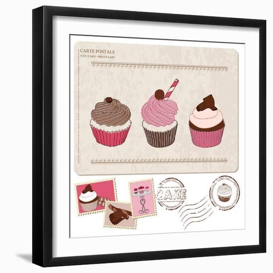 Set Of Cupcakes On Old Postcard-woodhouse-Framed Art Print