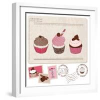 Set Of Cupcakes On Old Postcard-woodhouse-Framed Art Print