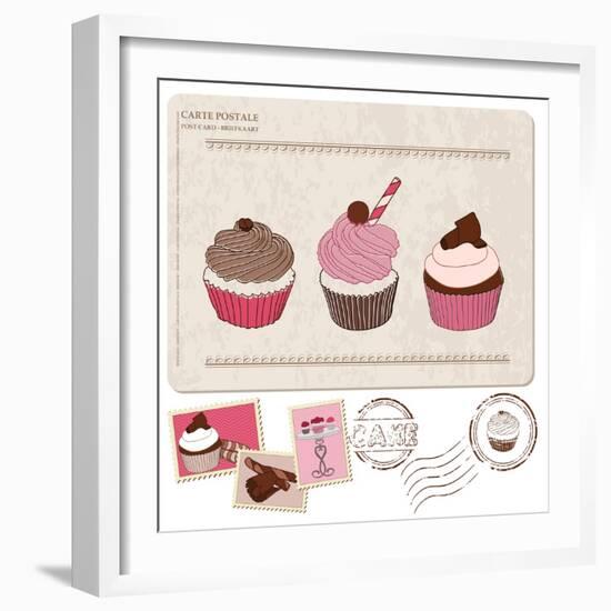 Set Of Cupcakes On Old Postcard-woodhouse-Framed Art Print