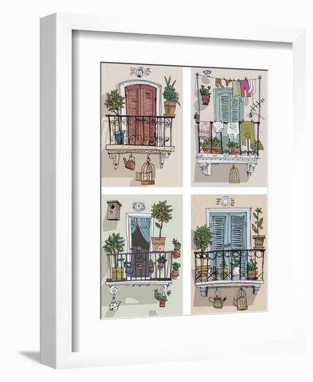 Set of Cute Balcony - Cartoon-iralu-Framed Art Print