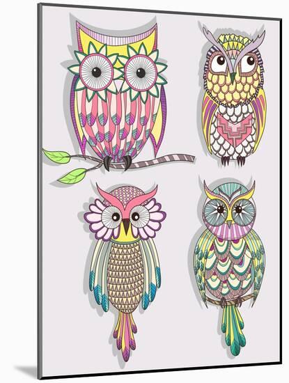 Set Of Cute Colorful Owls-cherry blossom girl-Mounted Art Print