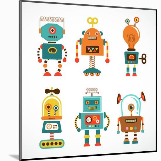 Set Of Cute Vintage Robots-Marish-Mounted Art Print