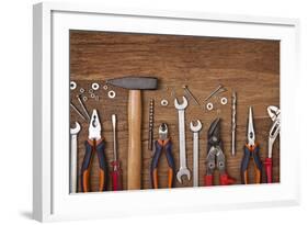 Set of Different Tools on Wooden Background-egal-Framed Photographic Print