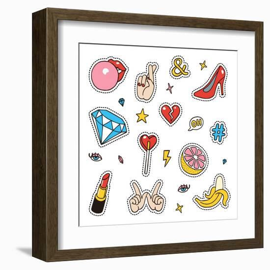 Set of Fashion Sketchy Patches. Different Trendy Badges and Pins. Oldschool Vector Pictograms in Li-More Trendy Design here-Framed Art Print