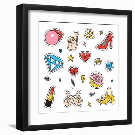 Set of Fashion Sketchy Patches. Different Trendy Badges and Pins. Oldschool Vector Pictograms in Li-More Trendy Design here-Framed Art Print