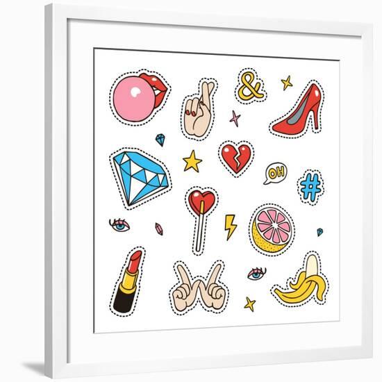 Set of Fashion Sketchy Patches. Different Trendy Badges and Pins. Oldschool Vector Pictograms in Li-More Trendy Design here-Framed Art Print