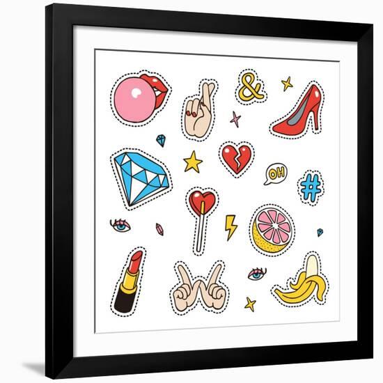 Set of Fashion Sketchy Patches. Different Trendy Badges and Pins. Oldschool Vector Pictograms in Li-More Trendy Design here-Framed Art Print