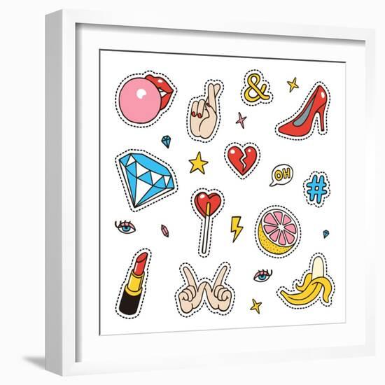 Set of Fashion Sketchy Patches. Different Trendy Badges and Pins. Oldschool Vector Pictograms in Li-More Trendy Design here-Framed Art Print