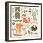 Set of Forest Animals in Cartoon Style. Cute Hedgehog, Birds, Bear, Fox, Hare, Mushrooms, Elk, Snai-Kaliaha Volha-Framed Art Print