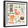 Set of Forest Animals in Cartoon Style. Cute Hedgehog, Birds, Bear, Fox, Hare, Mushrooms, Elk, Snai-Kaliaha Volha-Framed Art Print