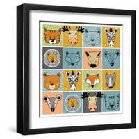 Set of Forest Animals/Tiger,Elk,Bear,Zebra,Lion,Fox,Wild Boar,Mouse,Wolf/Hand Drawn Vector Illustra-Eteri Davinski-Framed Art Print