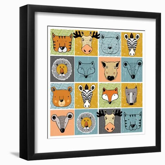 Set of Forest Animals/Tiger,Elk,Bear,Zebra,Lion,Fox,Wild Boar,Mouse,Wolf/Hand Drawn Vector Illustra-Eteri Davinski-Framed Art Print