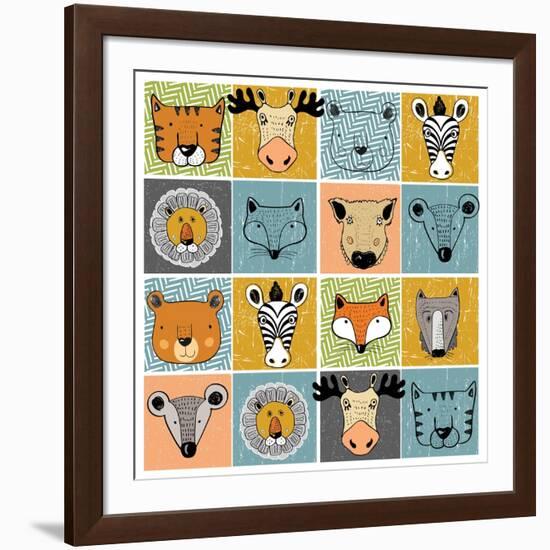 Set of Forest Animals/Tiger,Elk,Bear,Zebra,Lion,Fox,Wild Boar,Mouse,Wolf/Hand Drawn Vector Illustra-Eteri Davinski-Framed Art Print