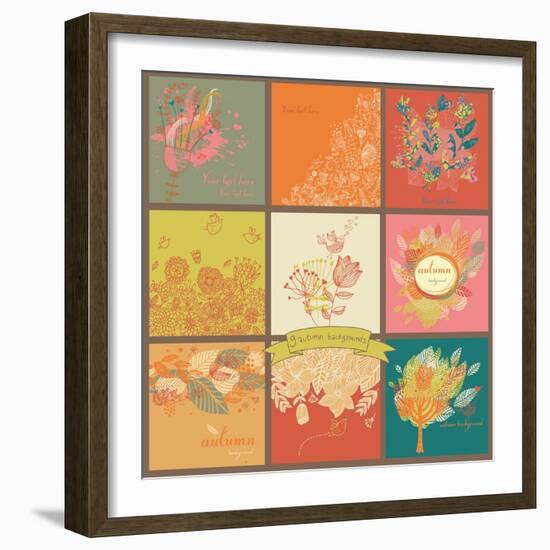 Set of Nine Autumn Backgrounds with Leafs, Trees, Flowers and Birds. Place for Text. Seasonal Card-smilewithjul-Framed Art Print