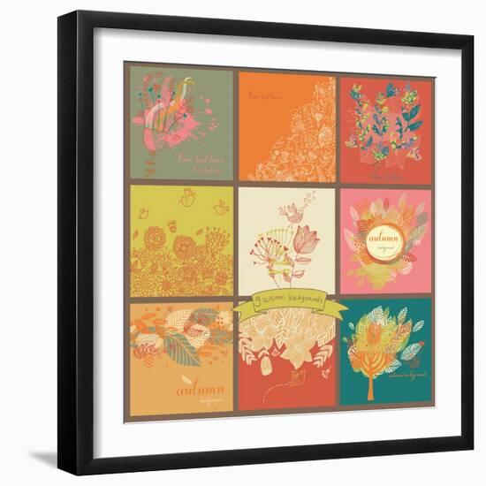 Set of Nine Autumn Backgrounds with Leafs, Trees, Flowers and Birds. Place for Text. Seasonal Card-smilewithjul-Framed Art Print