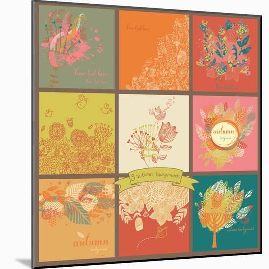 Set of Nine Autumn Backgrounds with Leafs, Trees, Flowers and Birds. Place for Text. Seasonal Card-smilewithjul-Mounted Art Print