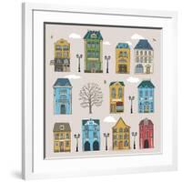 Set of Old European Houses Isolated on Vintage Background. Hand Drawn Sketch in Doodle Style. Vecto-Piranjya-Framed Art Print