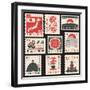 Set of Old Postage Stamps with Japanese Symbols-paseven-Framed Photographic Print