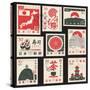 Set of Old Postage Stamps with Japanese Symbols-paseven-Stretched Canvas