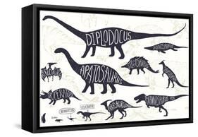 Set of Silhouettes of Dinosaurs and Fossils. Hand Drawn Vector Illustration with Decorative Letteri-Gluiki-Framed Stretched Canvas