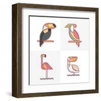 Set of Vector Exotic Tropical Birds Logo Icons. Colorful Line Birds Illustration of Toucan, Cockato-Betelgejze-Framed Art Print