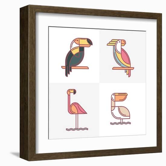 Set of Vector Exotic Tropical Birds Logo Icons. Colorful Line Birds Illustration of Toucan, Cockato-Betelgejze-Framed Art Print