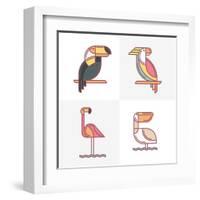 Set of Vector Exotic Tropical Birds Logo Icons. Colorful Line Birds Illustration of Toucan, Cockato-Betelgejze-Framed Art Print