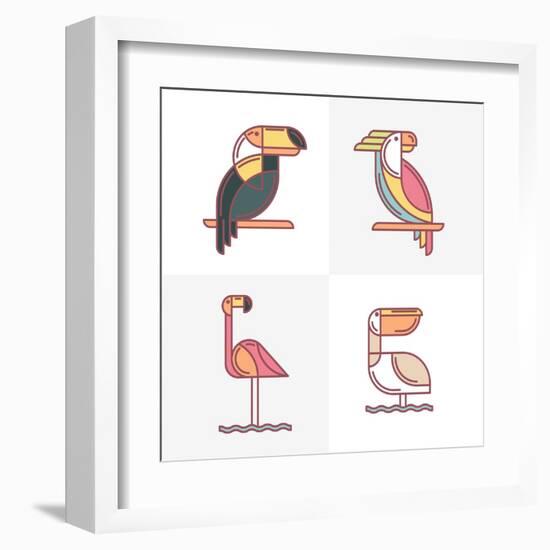 Set of Vector Exotic Tropical Birds Logo Icons. Colorful Line Birds Illustration of Toucan, Cockato-Betelgejze-Framed Art Print