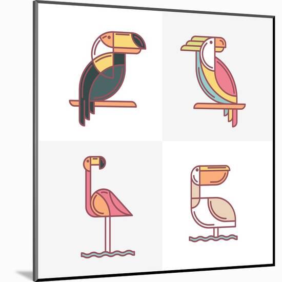 Set of Vector Exotic Tropical Birds Logo Icons. Colorful Line Birds Illustration of Toucan, Cockato-Betelgejze-Mounted Art Print