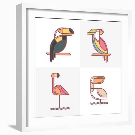 Set of Vector Exotic Tropical Birds Logo Icons. Colorful Line Birds Illustration of Toucan, Cockato-Betelgejze-Framed Art Print