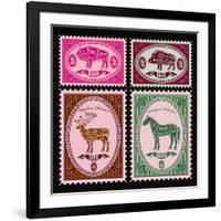 Set of Vector Postage Stamps with Boar, Bison, Deer, Horse-111chemodan111-Framed Art Print