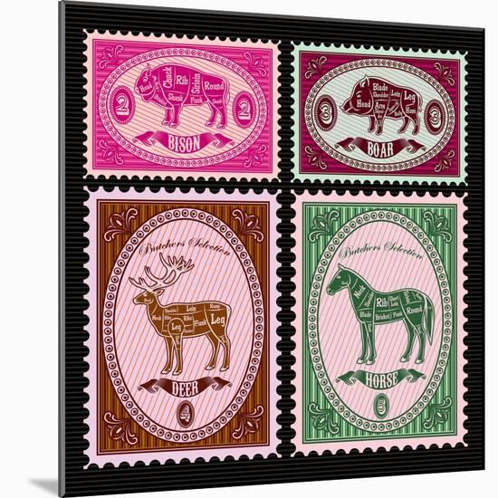 Set of Vector Postage Stamps with Boar, Bison, Deer, Horse-111chemodan111-Mounted Art Print