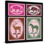 Set of Vector Postage Stamps with Boar, Bison, Deer, Horse-111chemodan111-Stretched Canvas