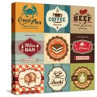 Set Of Vintage Retro Labels For Food, Coffee, Seafood, Bakery, Restaurant Cafe And Bar-Catherinecml-Stretched Canvas