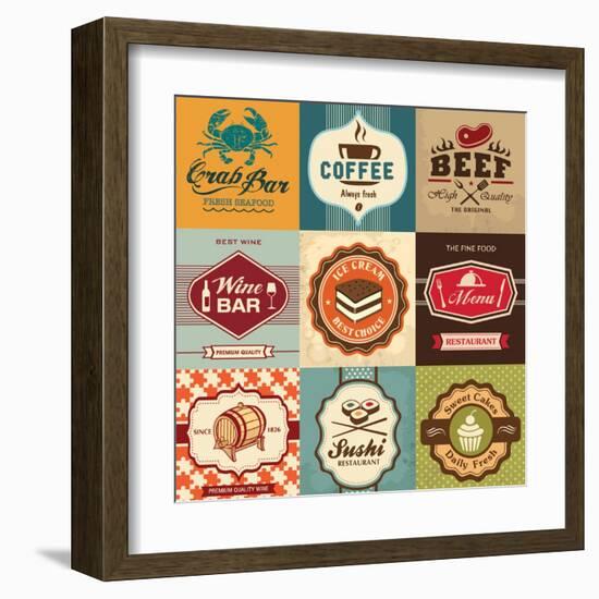 Set Of Vintage Retro Labels For Food, Coffee, Seafood, Bakery, Restaurant Cafe And Bar-Catherinecml-Framed Art Print