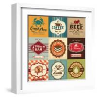 Set Of Vintage Retro Labels For Food, Coffee, Seafood, Bakery, Restaurant Cafe And Bar-Catherinecml-Framed Art Print