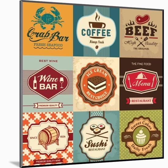 Set Of Vintage Retro Labels For Food, Coffee, Seafood, Bakery, Restaurant Cafe And Bar-Catherinecml-Mounted Art Print