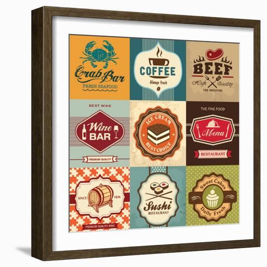 Set Of Vintage Retro Labels For Food, Coffee, Seafood, Bakery, Restaurant Cafe And Bar-Catherinecml-Framed Art Print