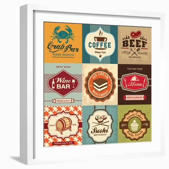 Set Of Vintage Retro Labels For Food, Coffee, Seafood, Bakery, Restaurant Cafe And Bar-Catherinecml-Framed Art Print