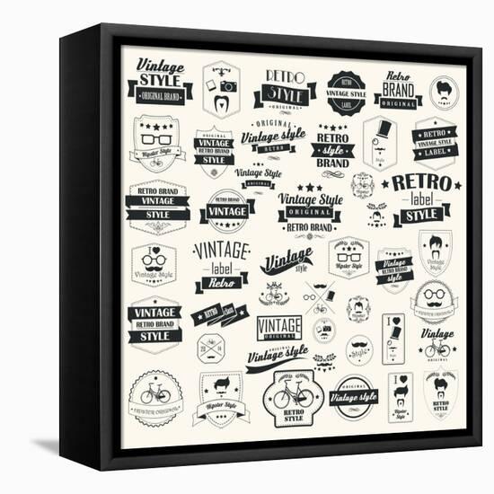 Set of Vintage Retro Labels, Stamps, Ribbons, Marks and Calligraphic Design Elements, Typographical-BlueLela-Framed Stretched Canvas