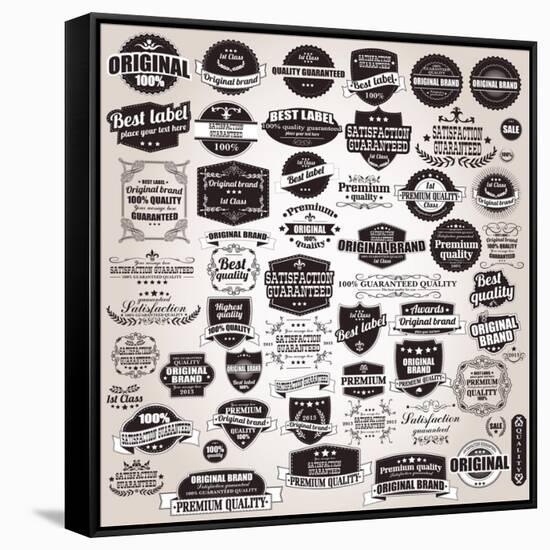 Set of Vintage Retro Labels, Stamps, Ribbons, Marks and Calligraphic Design Elements, Vector-BlueLela-Framed Stretched Canvas